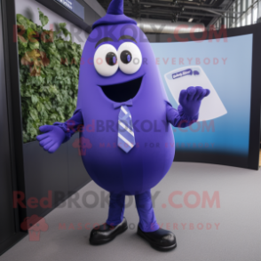 Blue Eggplant mascot costume character dressed with a Suit and Cufflinks