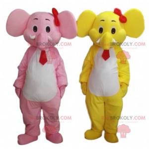 2 elephant mascots, one yellow and one pink. 2 elephants -