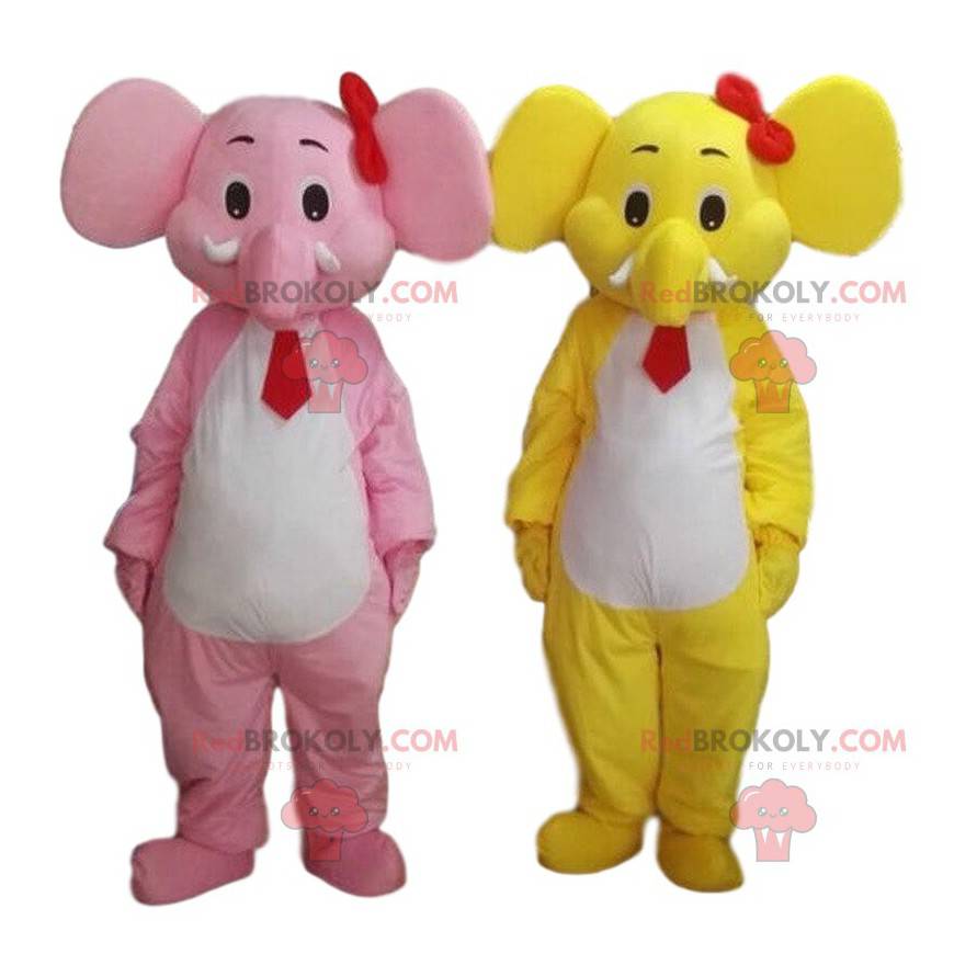 2 elephant mascots, one yellow and one pink. 2 elephants -