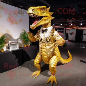 Gold Spinosaurus mascot costume character dressed with a Mini Dress and Bow ties