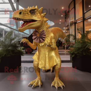 Gold Spinosaurus mascot costume character dressed with a Mini Dress and Bow ties