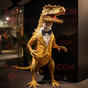 Gold Spinosaurus mascot costume character dressed with a Mini Dress and Bow ties