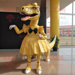 Gold Spinosaurus mascot costume character dressed with a Mini Dress and Bow ties