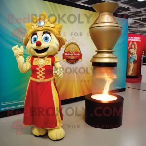 Gold Fire Eater mascot costume character dressed with a Maxi Skirt and Watches