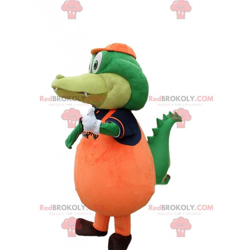 Grønn krokodille maskot kledd i oransje, alligator kostyme - Grønn krokodille maskot kledd i oransje, alligator kostyme -