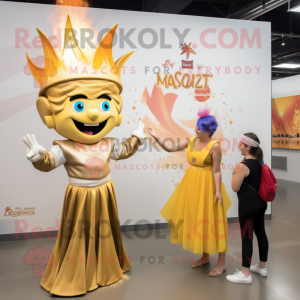 Gold Fire Eater mascot costume character dressed with a Maxi Skirt and Watches