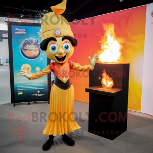 Gold Fire Eater mascot costume character dressed with a Maxi Skirt and Watches