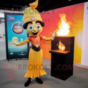 Gold Fire Eater mascot costume character dressed with a Maxi Skirt and Watches