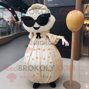 Cream Moussaka mascot costume character dressed with a Ball Gown and Sunglasses