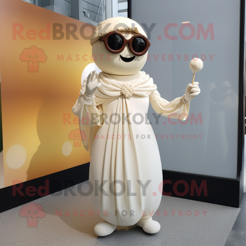 Cream Moussaka mascot costume character dressed with a Ball Gown and Sunglasses Cream Moussaka mascot costume character dressed with a Ball Gown and Sunglasses