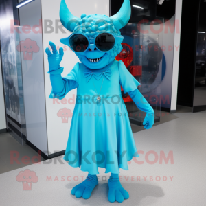 Cyan Devil mascot costume character dressed with a Midi Dress and Eyeglasses