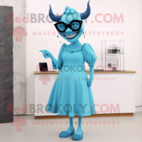 Cyan Devil mascot costume character dressed with a Midi Dress and Eyeglasses