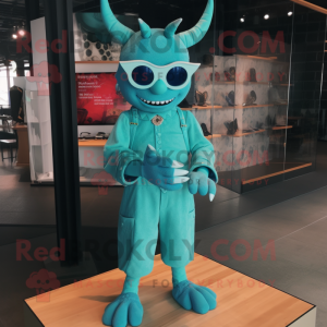 Cyan Devil mascot costume character dressed with a Midi Dress and Eyeglasses