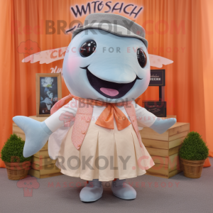 Peach Whale mascot costume character dressed with a Skirt and Pocket squares