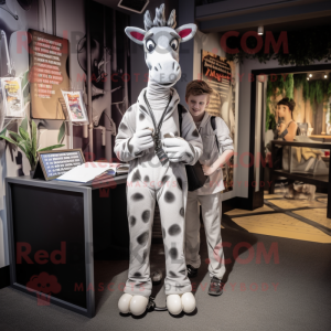 Silver Giraffe mascot costume character dressed with a Chinos and Hair clips