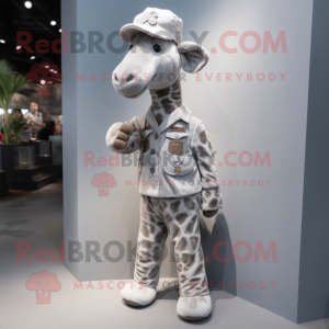 Silver Giraffe mascot costume character dressed with a Chinos and Hair clips