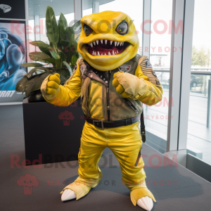 Lemon Yellow Piranha mascot costume character dressed with a Moto Jacket and Bracelets