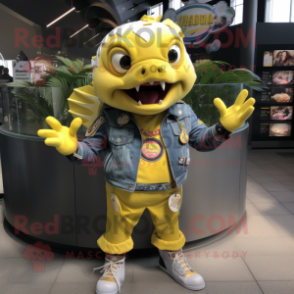 Lemon Yellow Piranha mascot costume character dressed with a Moto Jacket and Bracelets