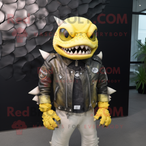 Lemon Yellow Piranha mascot costume character dressed with a Moto Jacket and Bracelets