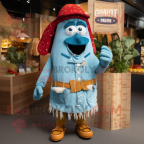 Cyan Currywurst mascot costume character dressed with a Chambray Shirt and Shawl pins