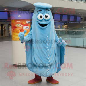 Cyan Currywurst mascot costume character dressed with a Chambray Shirt and Shawl pins