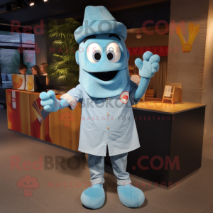 Cyan Currywurst mascot costume character dressed with a Chambray Shirt and Shawl pins