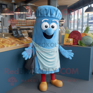 Cyan Currywurst mascot costume character dressed with a Chambray Shirt and Shawl pins