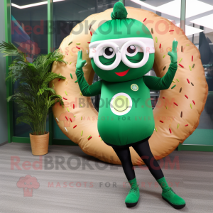 Forest Green Donut mascot costume character dressed with a Yoga Pants and Eyeglasses