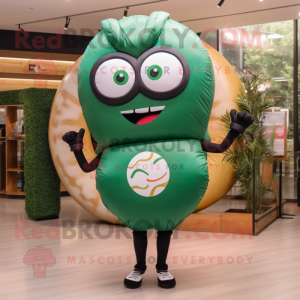 Forest Green Donut mascot costume character dressed with a Yoga Pants and Eyeglasses