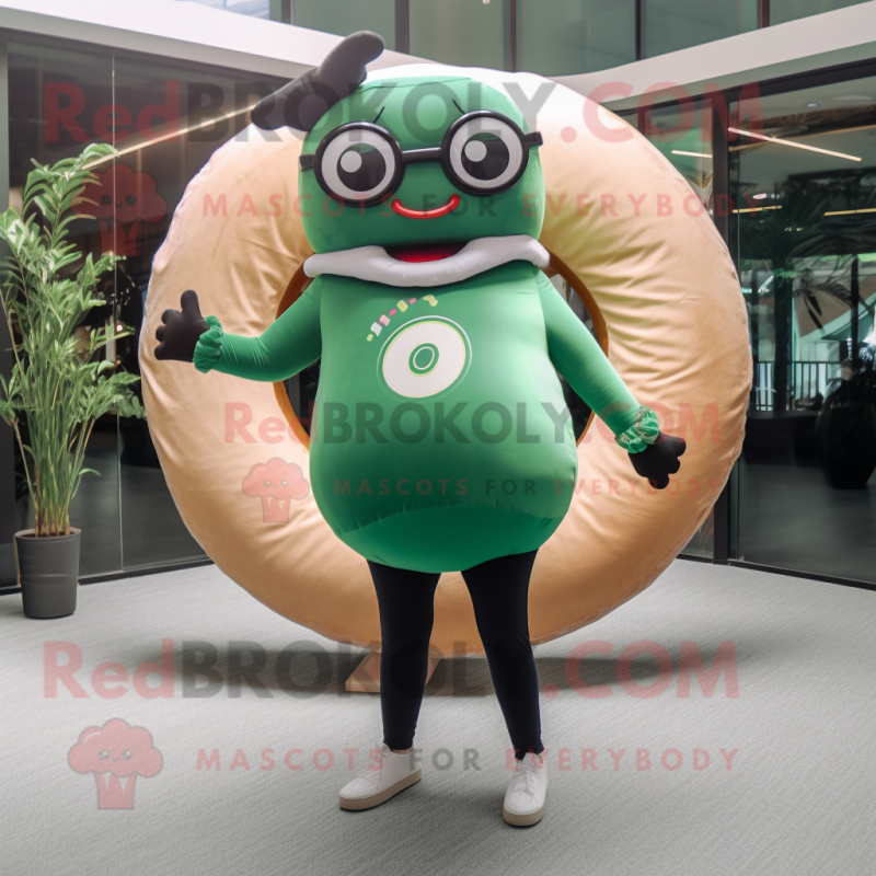 Forest Green Donut mascot costume character dressed with a Yoga Pants and Eyeglasses Forest Green Donut mascot costume character dressed with a Yoga Pants and Eyeglasses