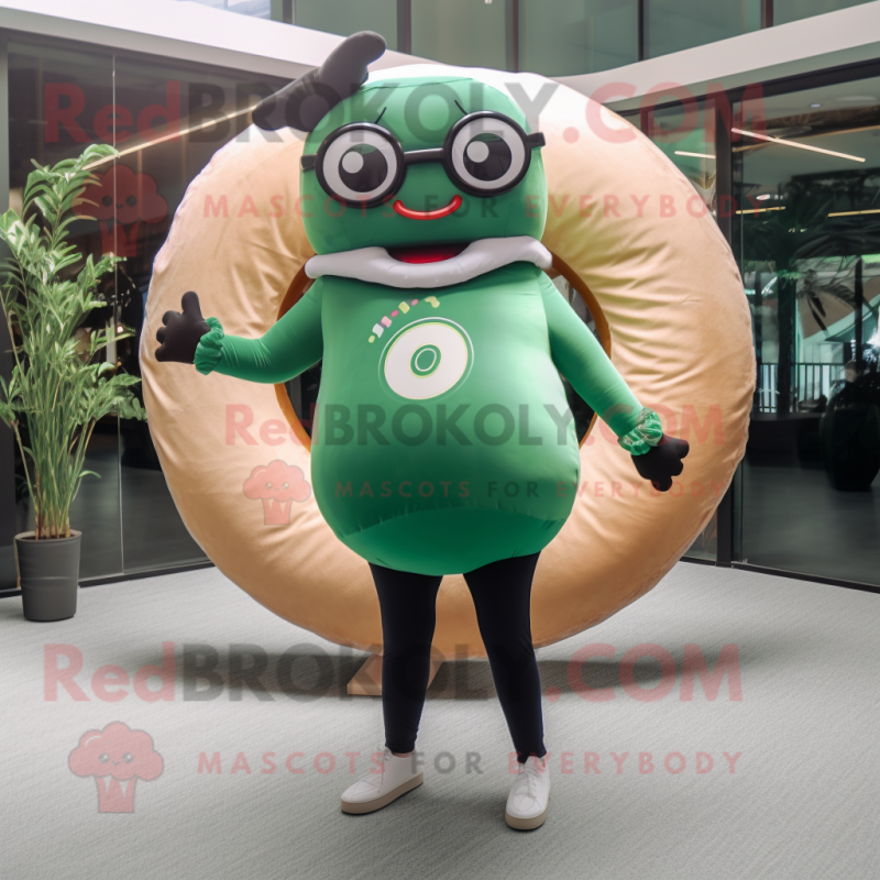 Forest Green Donut mascot costume character dressed with a Yoga Pants and Eyeglasses