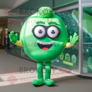 Forest Green Donut mascot costume character dressed with a Yoga Pants and Eyeglasses