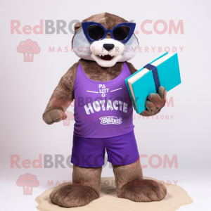 Purple Otter mascot costume character dressed with a Board Shorts and Reading glasses