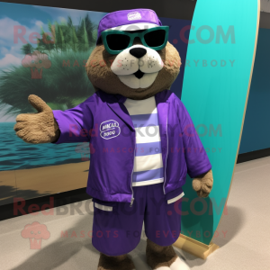 Purple Otter mascot costume character dressed with a Board Shorts and Reading glasses