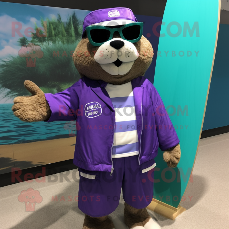 Purple Otter mascot costume character dressed with a Board Shorts and Reading glasses