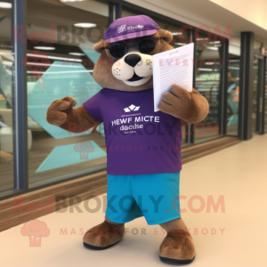 Purple Otter mascot costume character dressed with a Board Shorts and Reading glasses