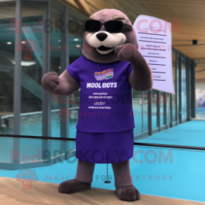 Purple Otter mascot costume character dressed with a Board Shorts and Reading glasses