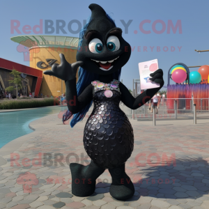 Black Mermaid mascot costume character dressed with a V-Neck Tee and Clutch bags