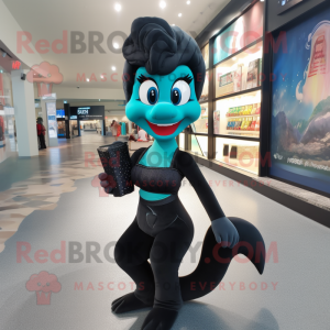Black Mermaid mascot costume character dressed with a V-Neck Tee and Clutch bags