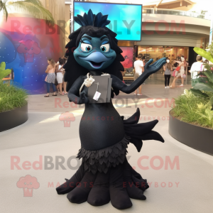 Black Mermaid mascot costume character dressed with a V-Neck Tee and Clutch bags