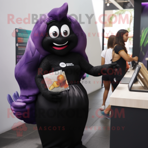 Black Mermaid mascot costume character dressed with a V-Neck Tee and Clutch bags