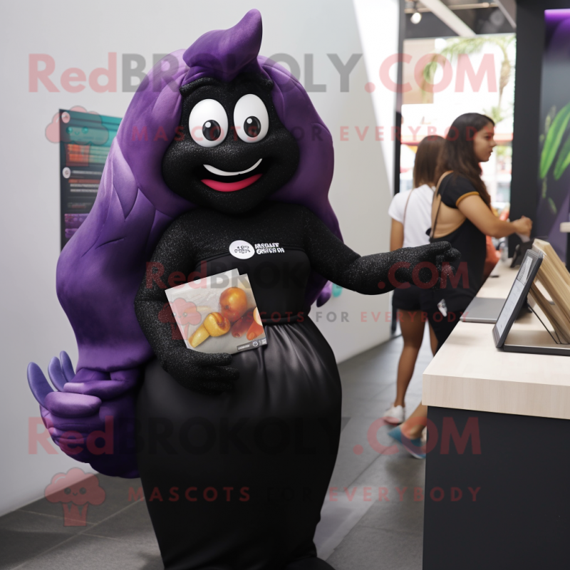Black Mermaid mascot costume character dressed with a V-Neck Tee and Clutch bags Black Mermaid mascot costume character dressed with a V-Neck Tee and Clutch bags