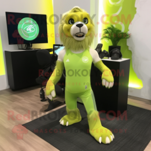 Lime Green Smilodon mascot costume character dressed with a Yoga Pants and Brooches