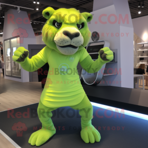 Lime Green Smilodon mascot costume character dressed with a Yoga Pants and Brooches