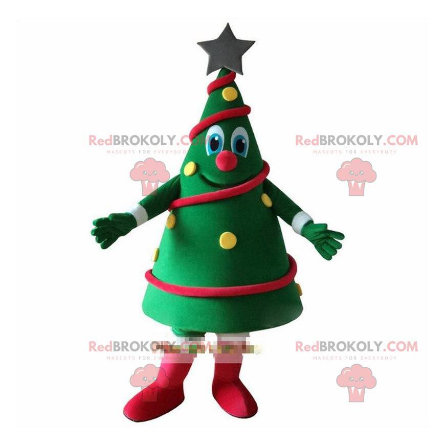 Mascot decorado árbol de Navidad verde, traje de árbol de