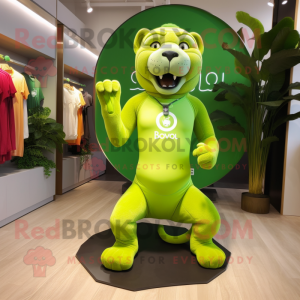 Lime Green Smilodon mascot costume character dressed with a Yoga Pants and Brooches