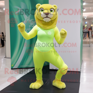 Lime Green Smilodon mascot costume character dressed with a Yoga Pants and Brooches