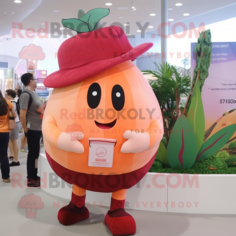 Peach Beet mascot costume character dressed with a Rash Guard and Suspenders