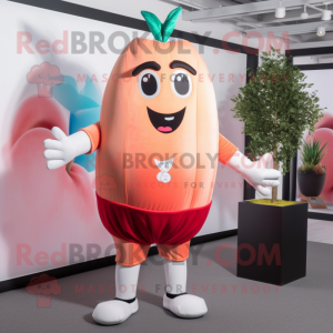 Peach Beet mascot costume character dressed with a Rash Guard and Suspenders