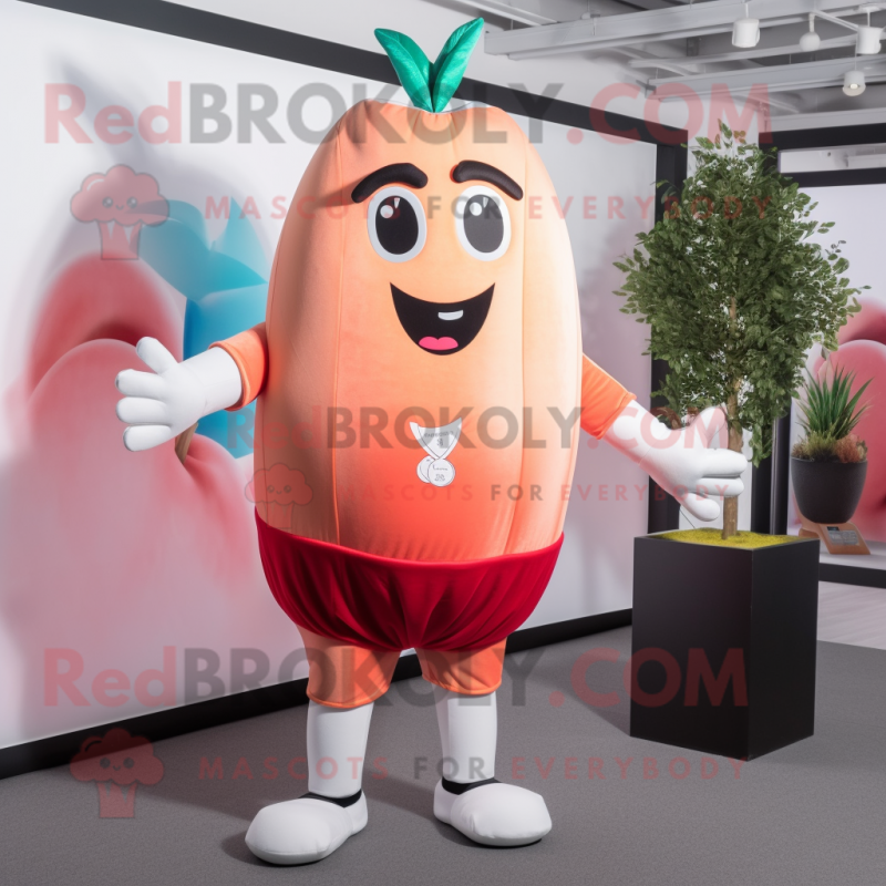 Peach Beet mascot costume character dressed with a Rash Guard and Suspenders
